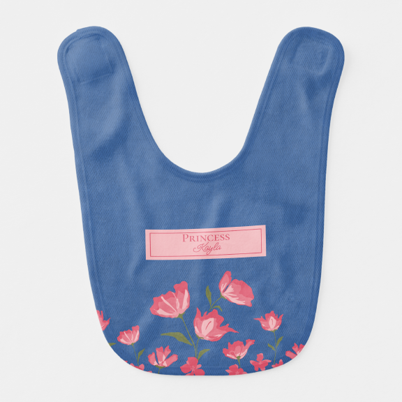 Pretty Pink Flowers on blue Baby Bib