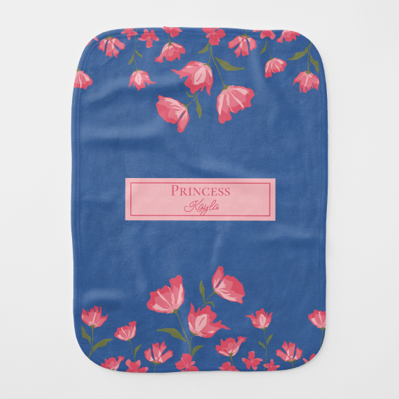 Pretty Pink Flowers on Blue Baby Burp Cloth