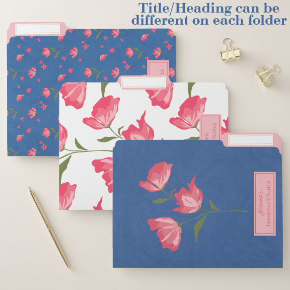 Pretty Pink Flowers Set of 3 File Folders